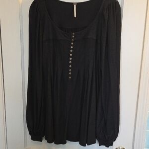 Free People Black Knit  Long Sleeve Baby Doll Blouse L
